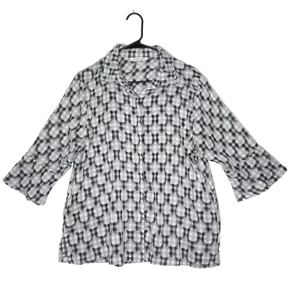 Textured Black White Gingham Blouse PL Artsy Mod Retro Minimalist Layering Top